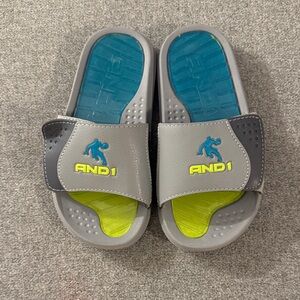 AND1 Kids Slide Sandals - Gray, Blue, and Yellow